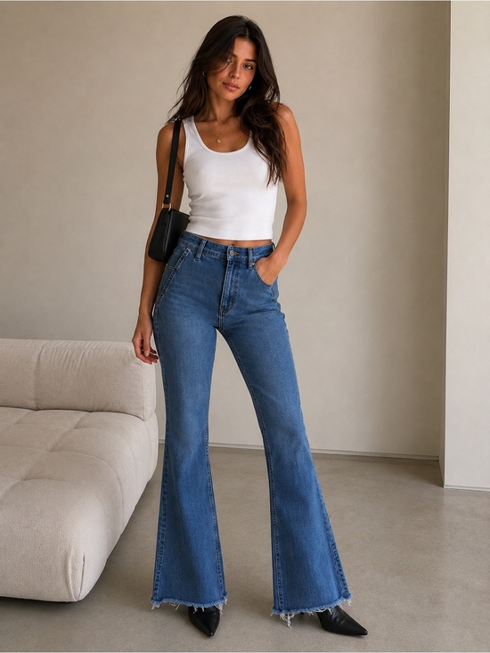 We The Free Denim - Free People - We The Free Medium Blue High-Rise Flare Jeans, Raw Hem Y2K